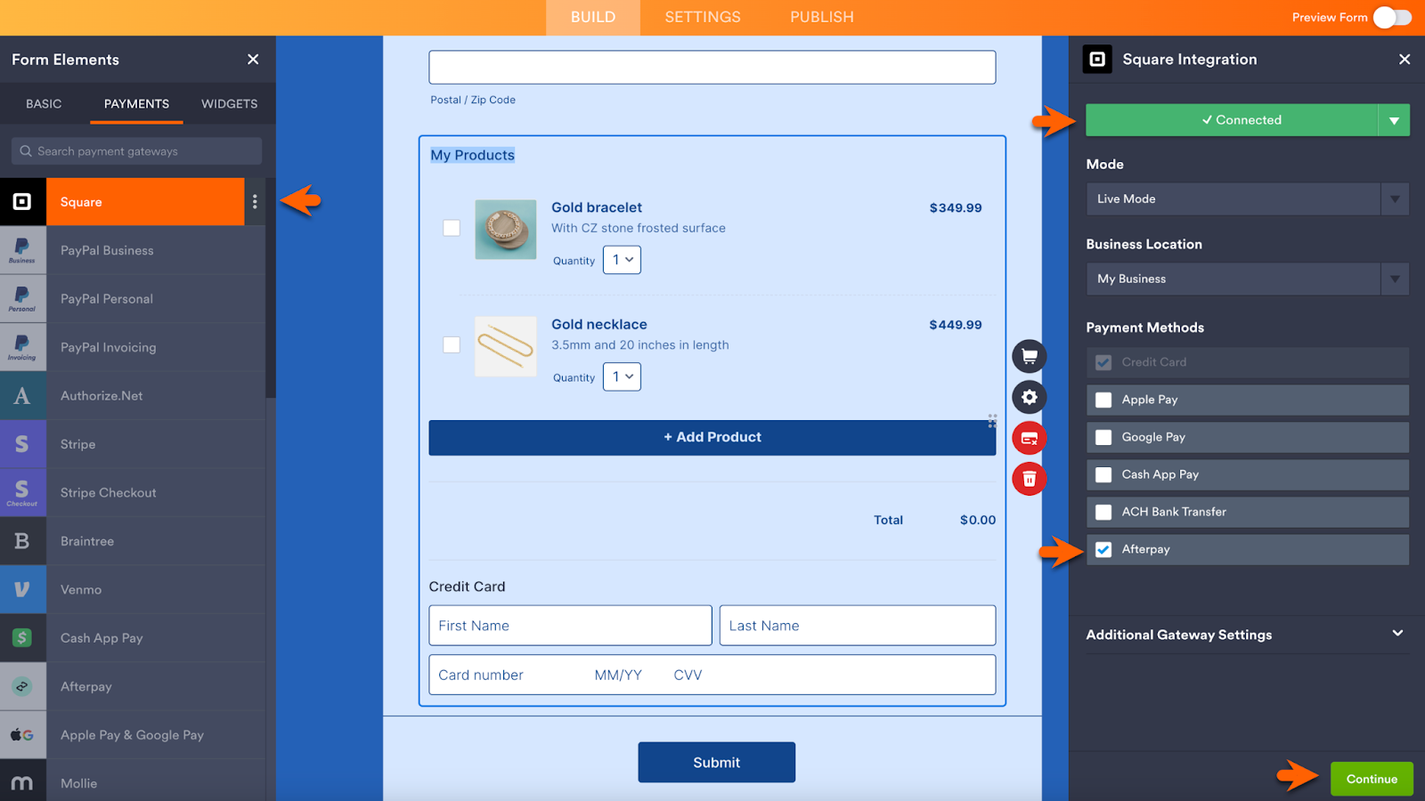 Selecting Afterpay from the Payment Methods in Square Integration Menu and Clicking on Continue