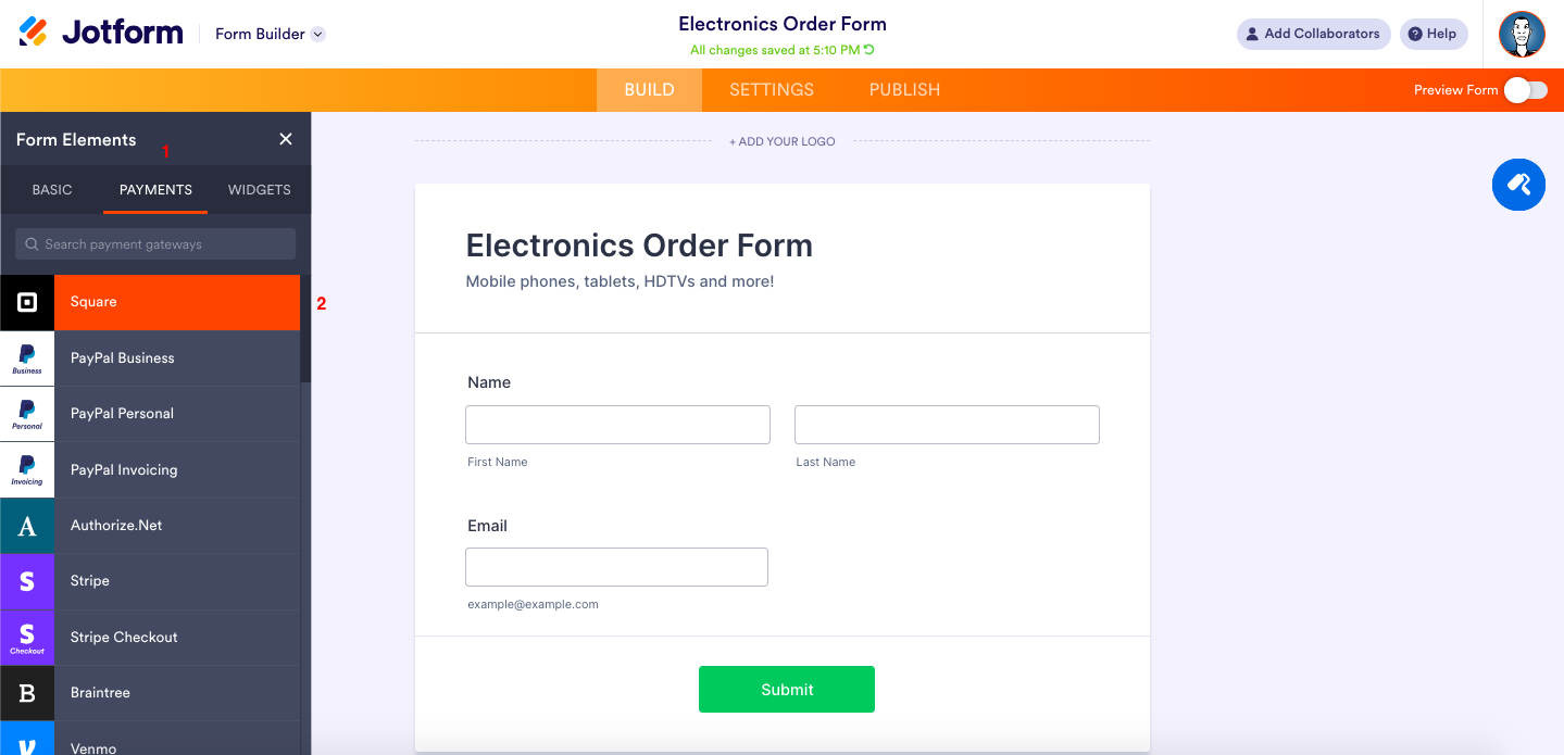 Clicking on the Payments Tab and Selecting Square from the Form Elements