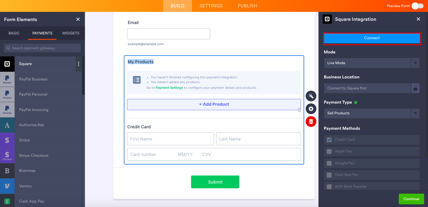 Clicking on the Connect Button from the Square Integration Menu