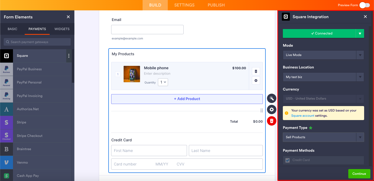 Customizing Payment Settings in Square Integration Menu