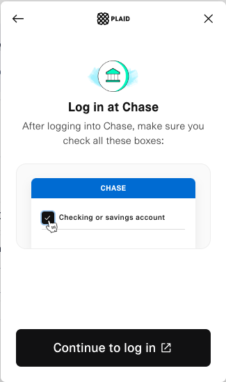 Checking the Boxes to Log in at Chase in Plaid
