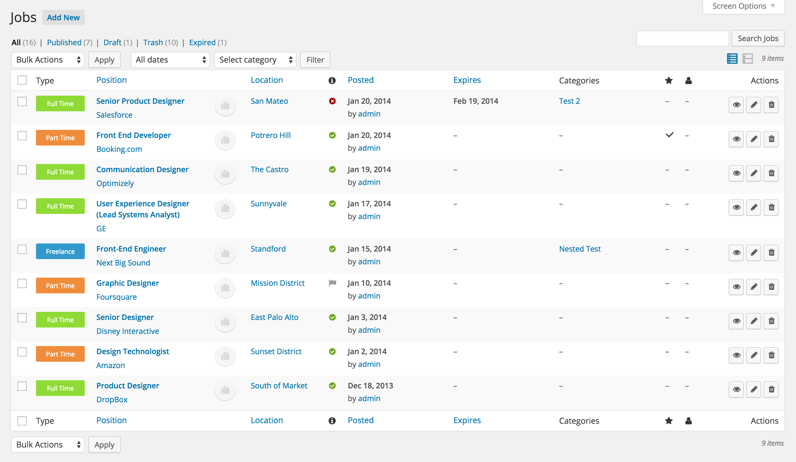 Benutzeroberfläche von WP Job Manager Plugin