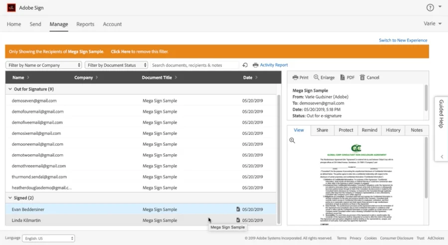 User Interface of Adobe Acrobat Sign