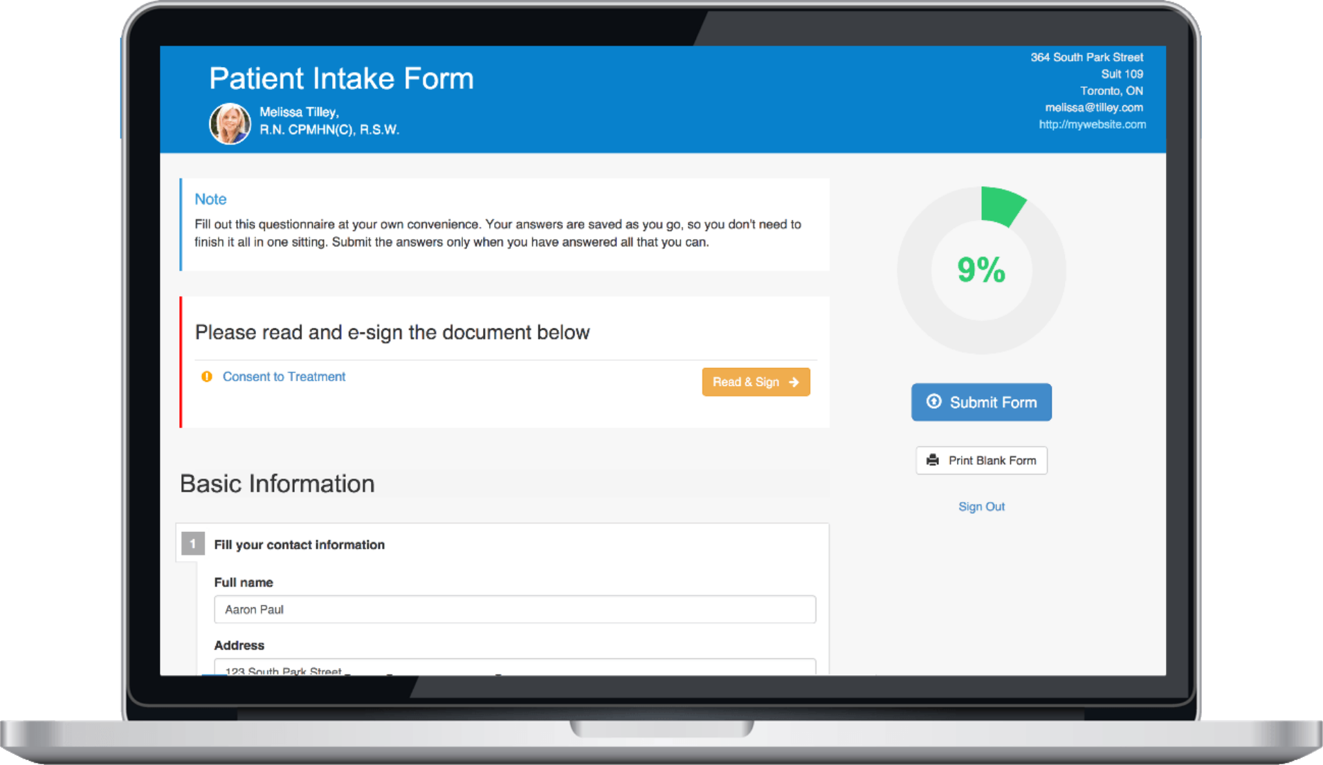 User Interface of IntakeQ