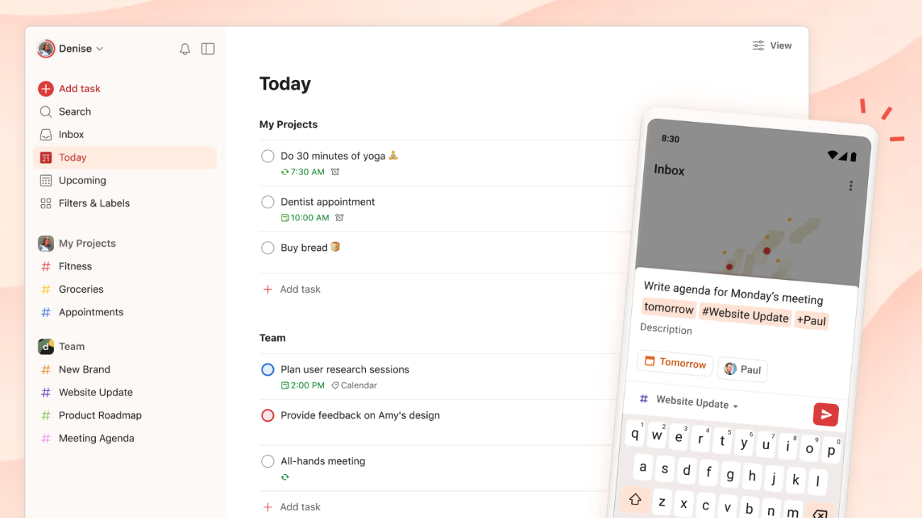 another trello alternative todoist's product dashboard showing to do lists