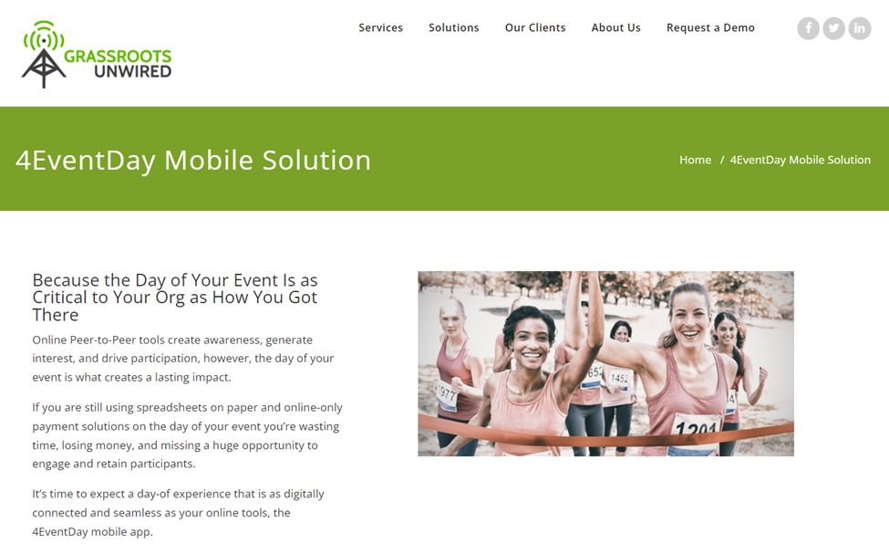 4EventDay Mobile Solution of Grassroots Unwired Landing Page