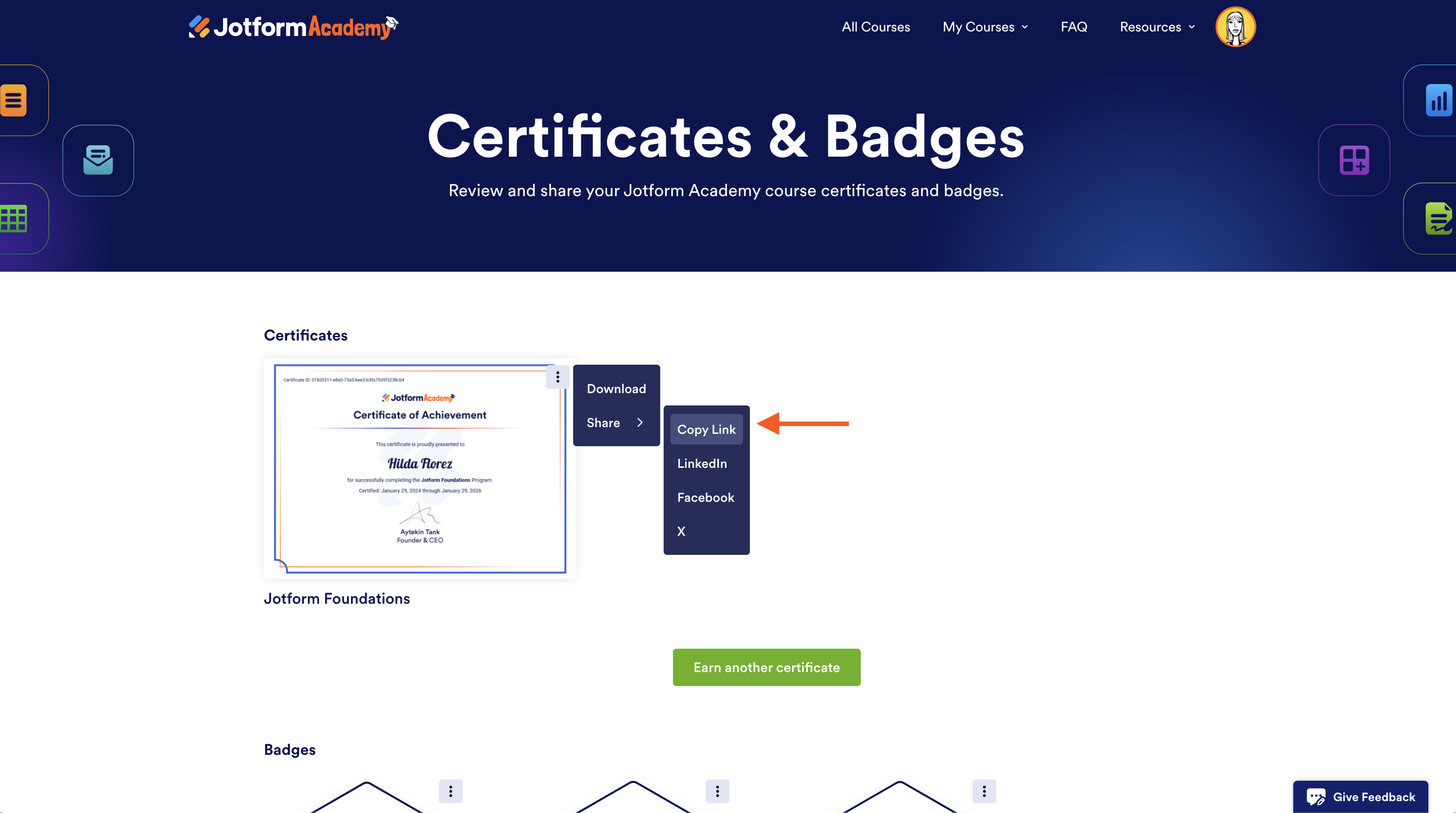 Certificate and Badges page of Jotform Academy