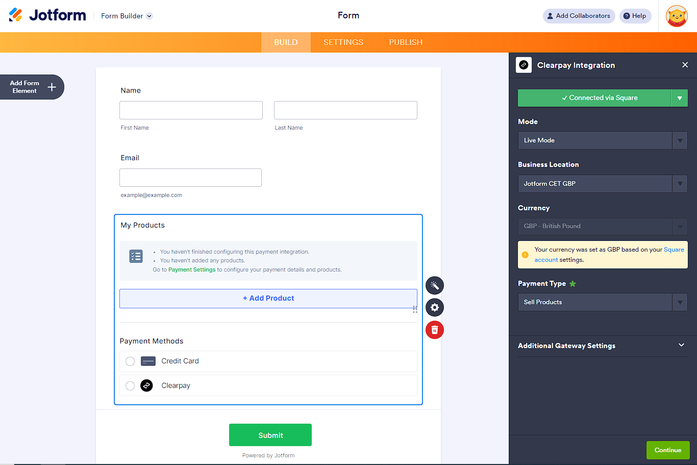 Payment Settings of the Clearpay integration in the Jotform Form Builder