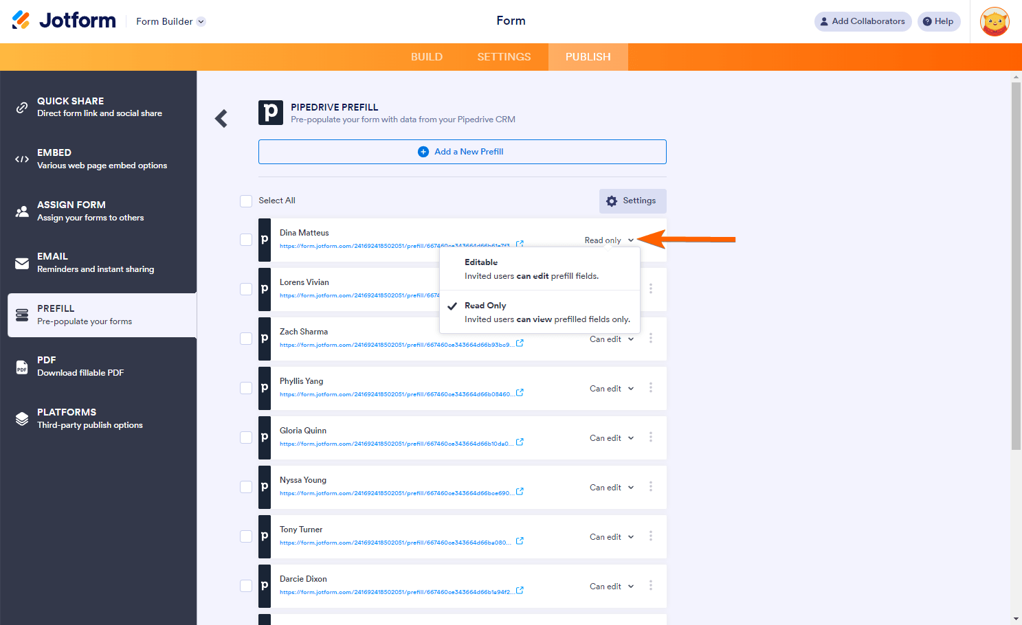 Editable and Read Only permission options in Pipedrive Prefill item settings