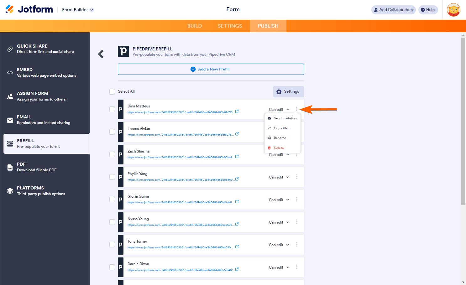 Pipedrive Prefill item options