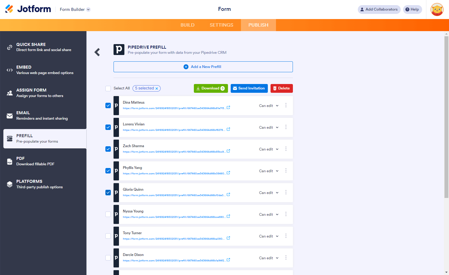 Download, Send Invitation, Delete buttons on selected Pipedrive Prefill items
