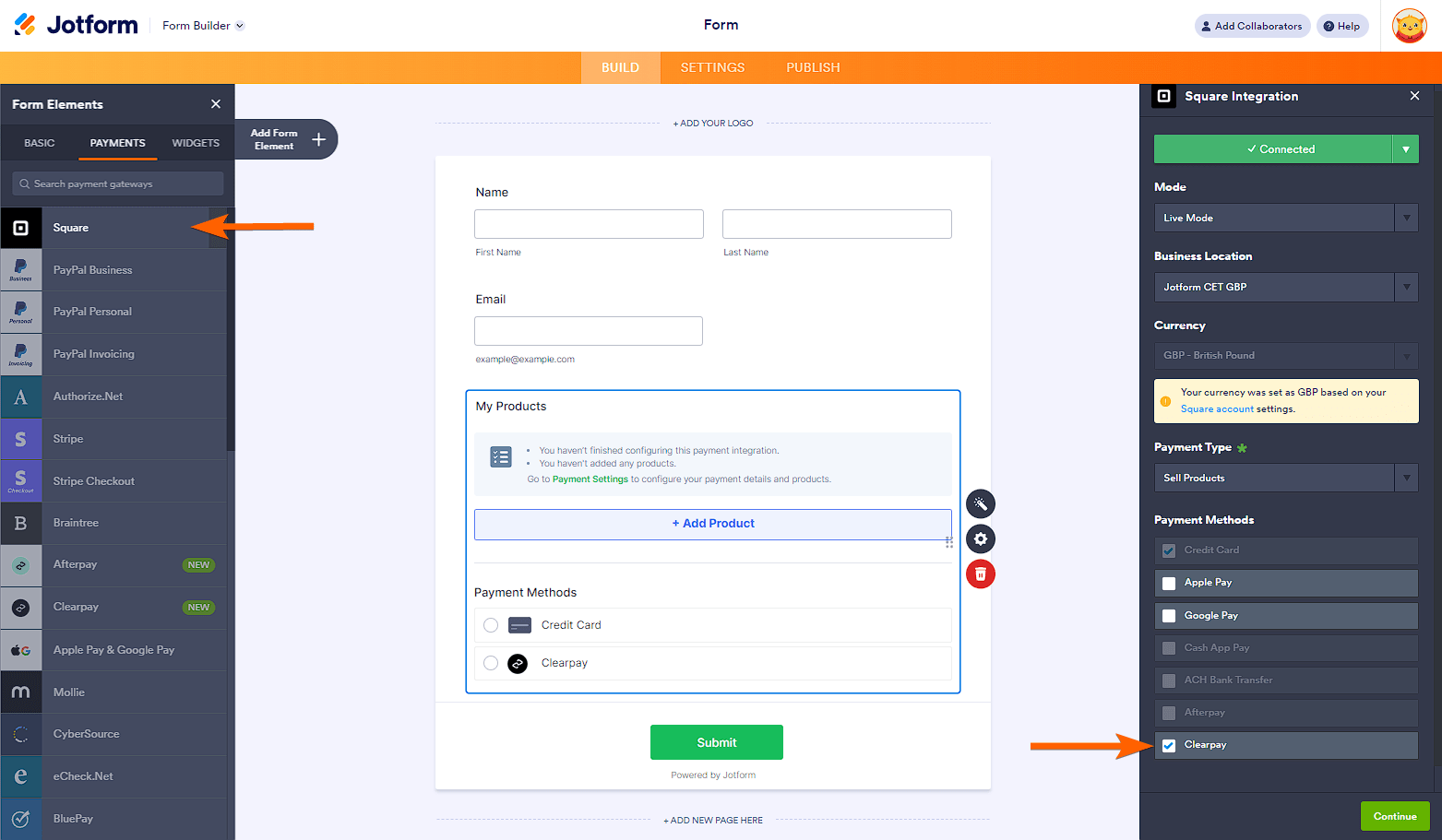 Square integration with the alternative payment methods including Clearpay