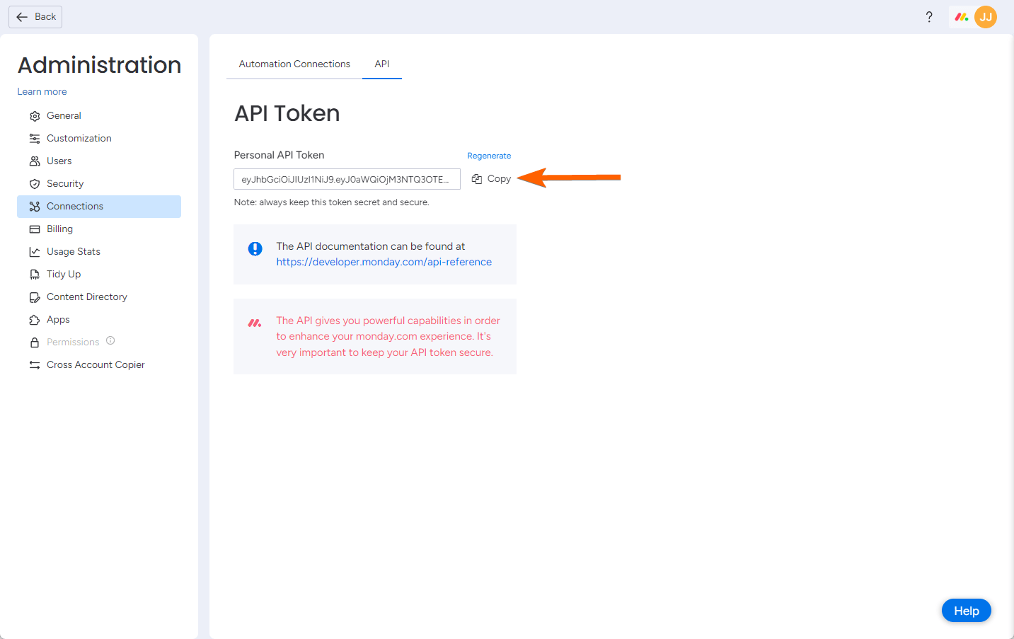 Copy API Token in monday