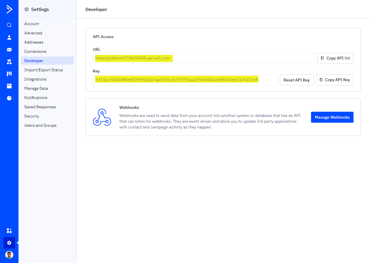 Sección de desarrolladores de la cuenta de ActiveCampaign mostrando la URL y Clave de la API