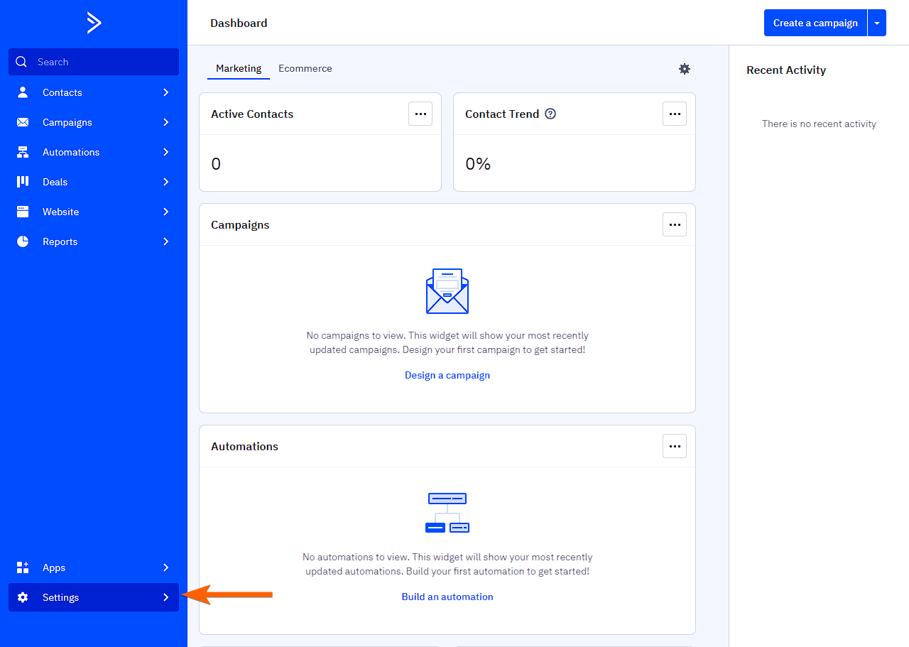 Opciones de configuración en el tablero de ActiveCampaign