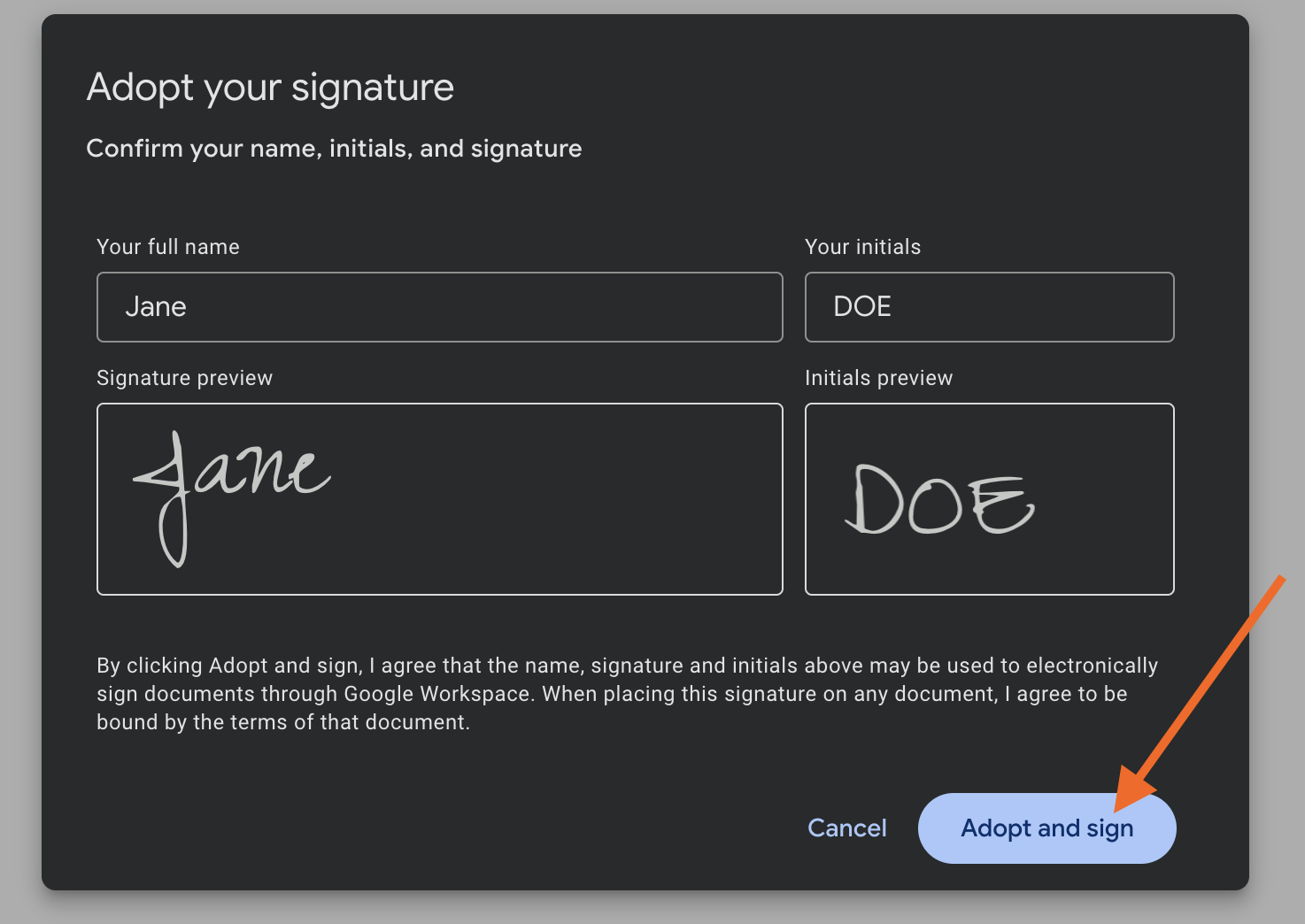Clicking on the "Adopt and sign" button in Adopt your signature window