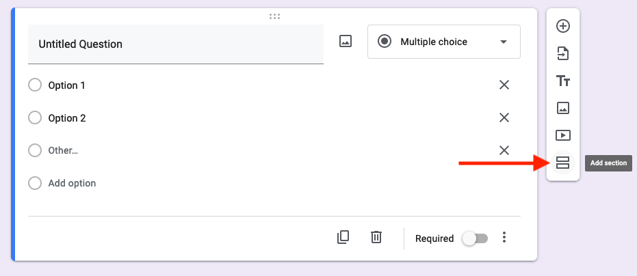 Clicking on Add Section in the Toolbar on the Right on Google Forms