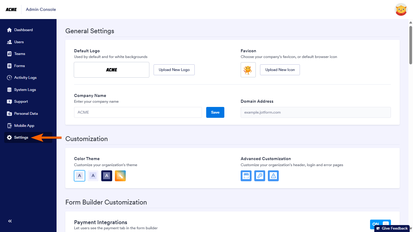 The Settings tab in Jotform Enterprise Admin Console