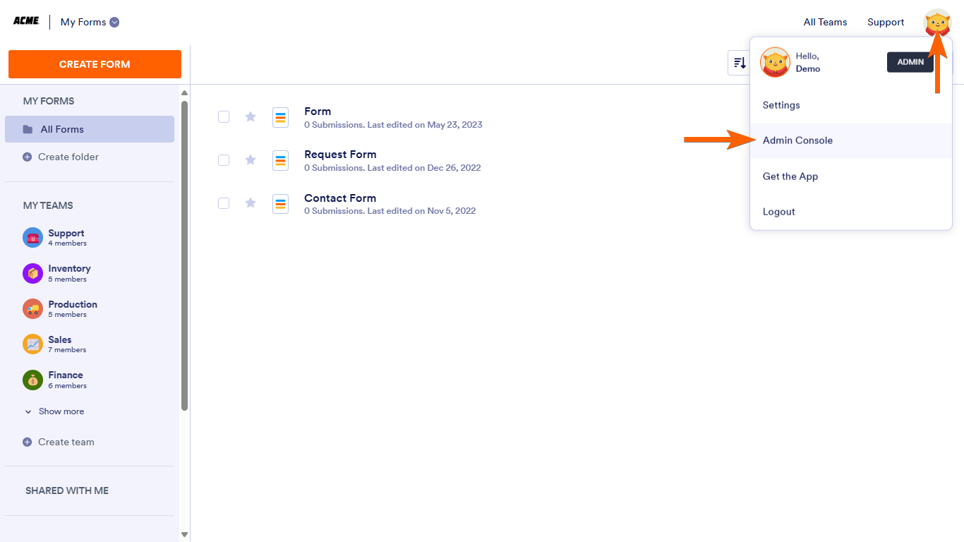 An Admin Console menu option in Jotform Enterprise