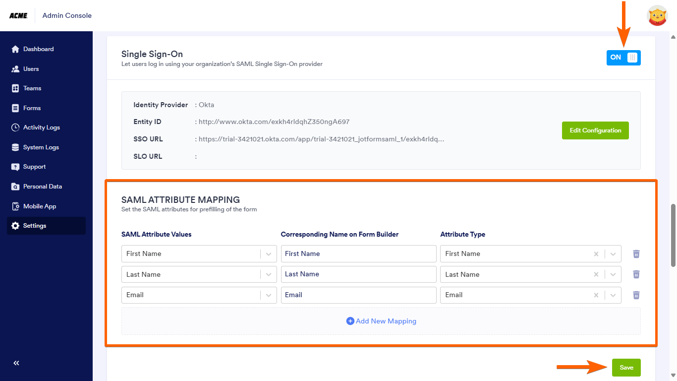 An SAML attribute mapping in Jotform Enterprise