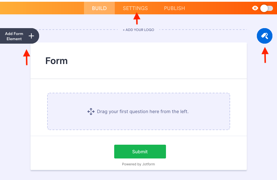 Screenshot of Jotform’s Form Builder with arrows pointing to the Add Form Element button, the Form Designer button, and the Settings tab