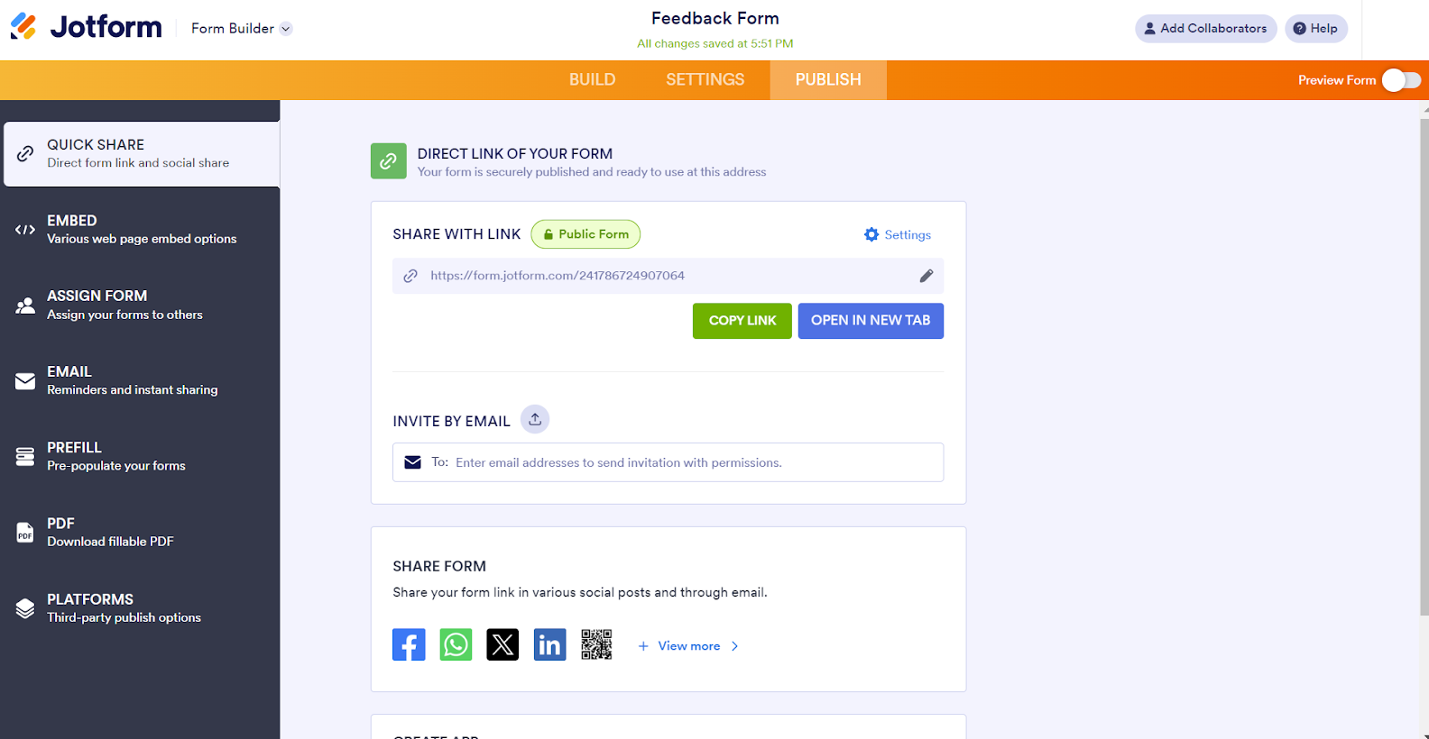Screenshot of Jotform’s form-sharing and publishing options