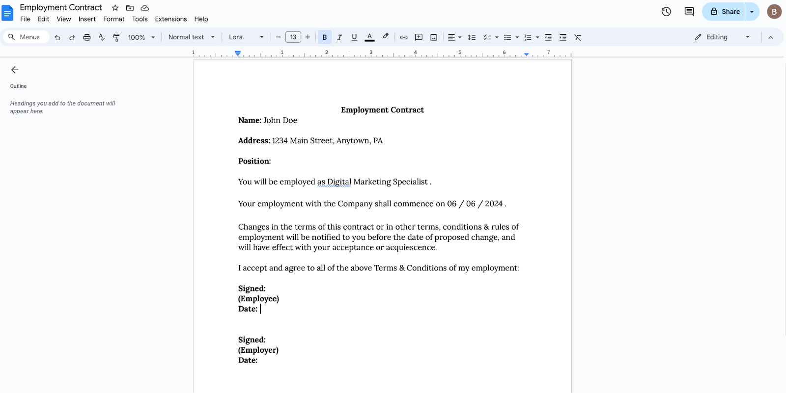 Employment Contract Document in Google Docs
