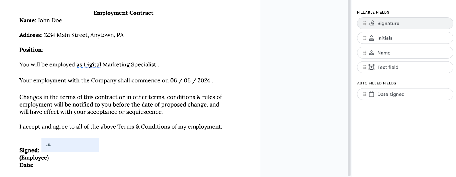 Adding the signature fields to the contract