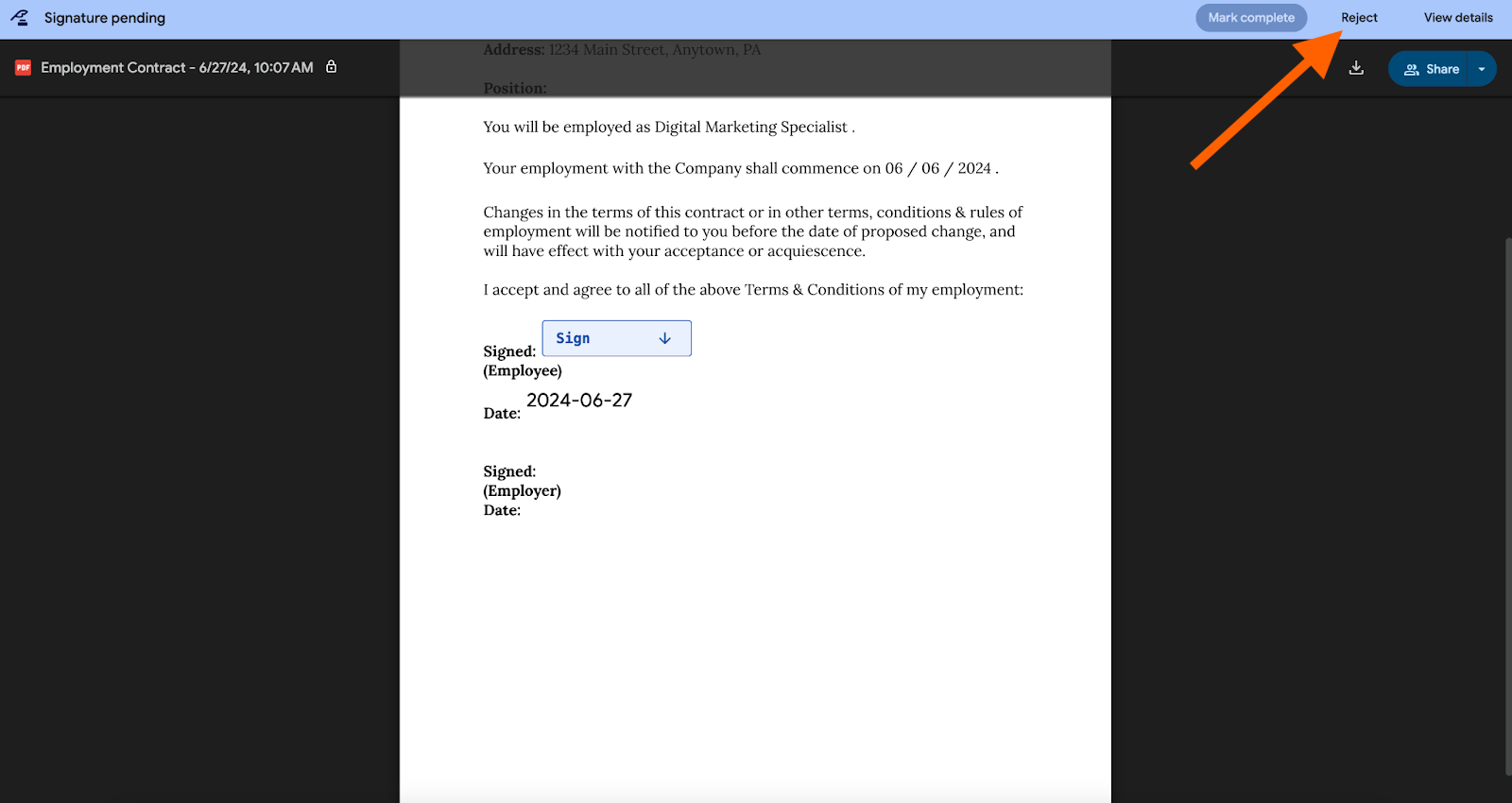 Clicking on the "Reject" option at the top of the page