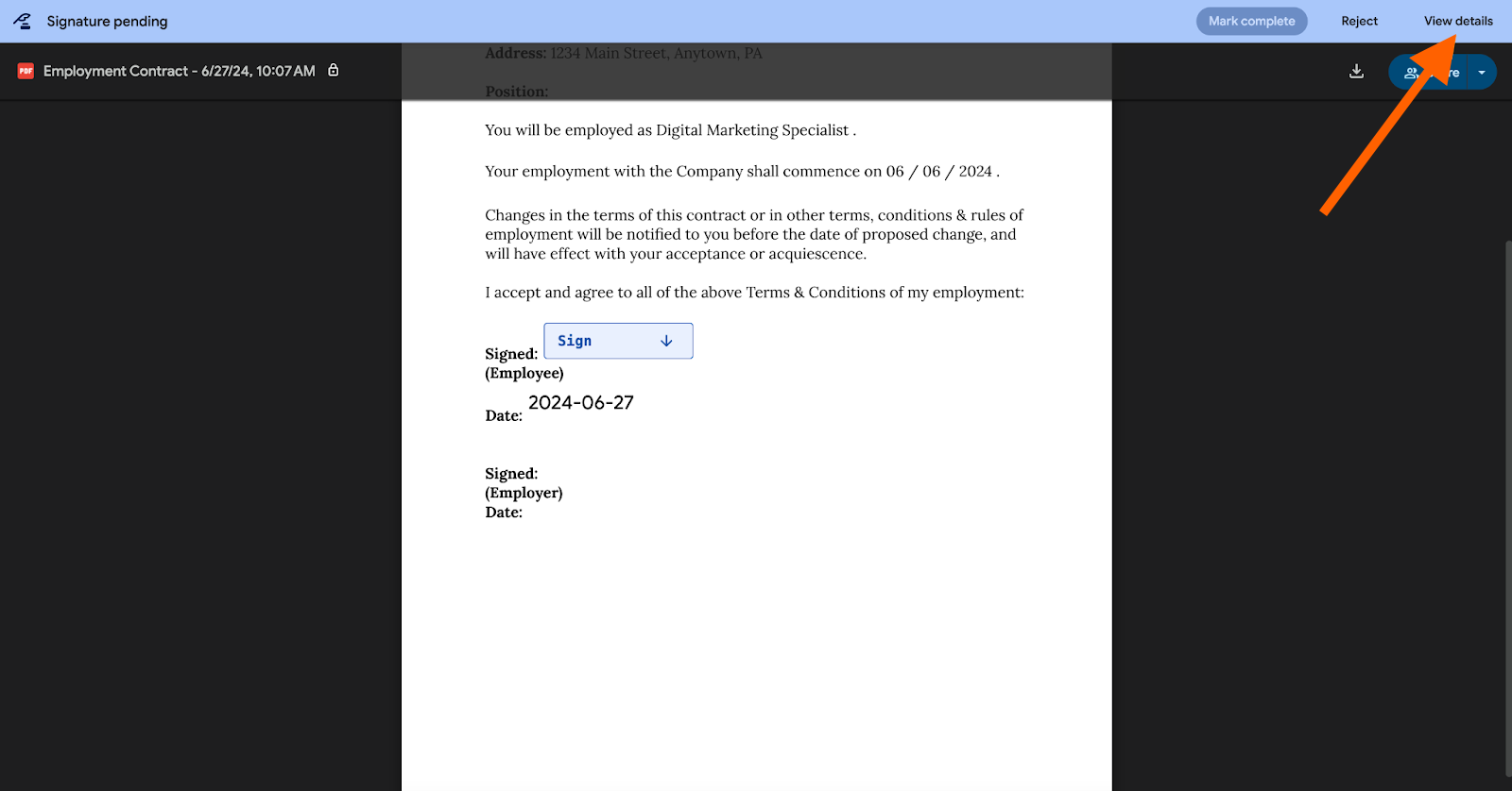 Clicking on the "View details" option at the top of the page