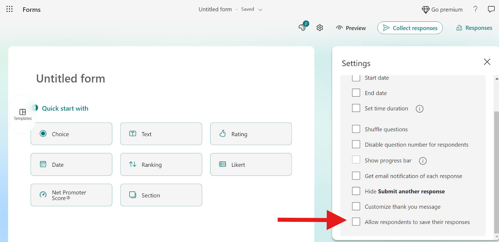 Screenshot of Microsoft Forms with an arrow pointing to a setting titled “Allow respondents to save their responses”
