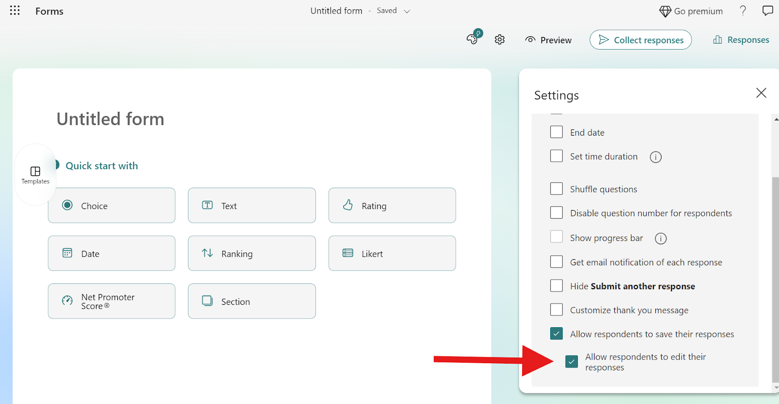 Screenshot of Microsoft Forms with an arrow pointing to a setting titled “Allow respondents to edit their responses”