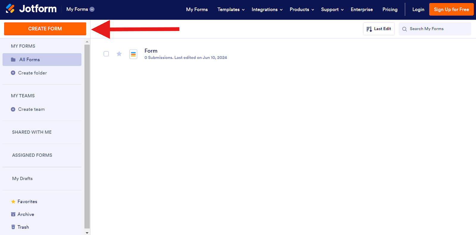 Screenshot of Jotform’s My Forms page with an arrow pointing to the “Create Form” button