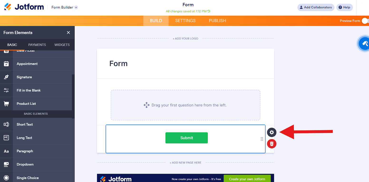 Screenshot of Jotform’s form builder with an arrow pointing to a gear icon