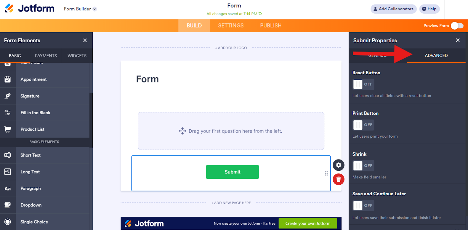 Screenshot of Jotform’s form builder with an arrow pointing to the advanced tab of the properties panel
