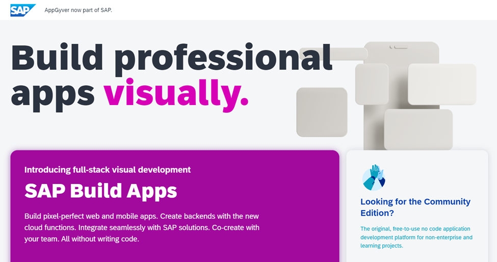 Screenshot of the converted AppGyver homepage, now featuring SAP Build Apps