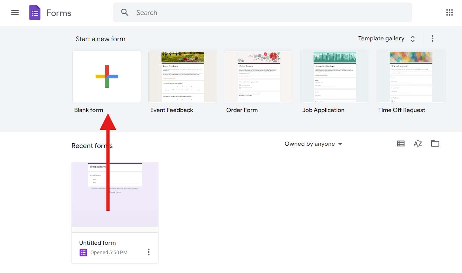 Clicking on the Blank Form Icon on the Google Forms Homepage