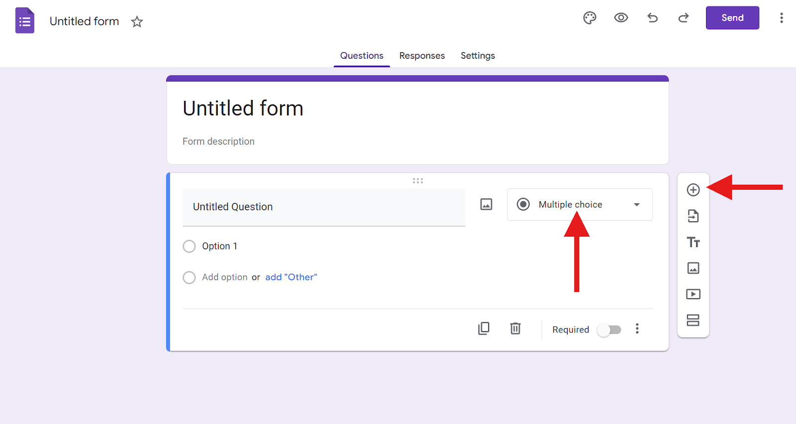 Clicking on the Plus Icon in the Toolbar and Selecting Multiple Choice  from the Dropdown Menu in Google Forms