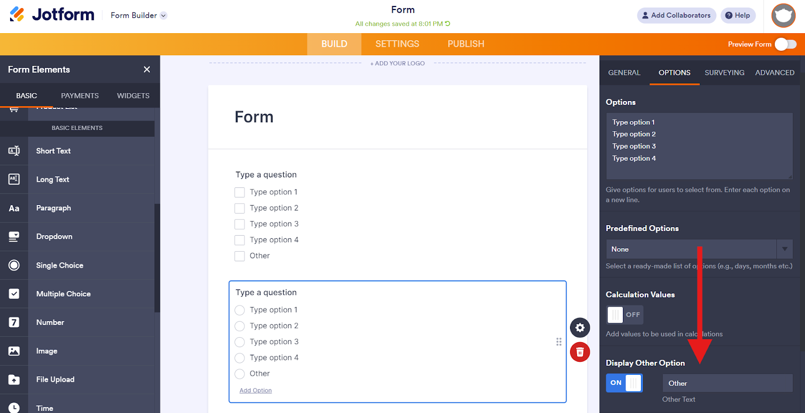 Switching the Display Other Option Toggle from the Options Tab in Jotform Form Builder