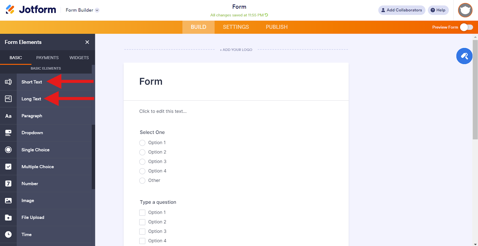 Clicking on Short Text or Long Text from the Basic Form Fields in Jotform Form Builder