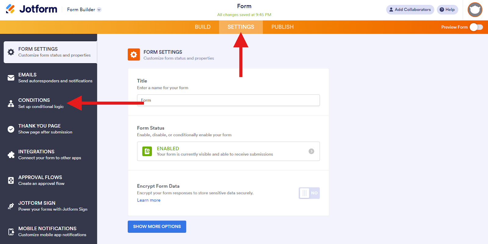 Clicking on the Settings Tab and then Conditions Option from the Jotform Form Builder