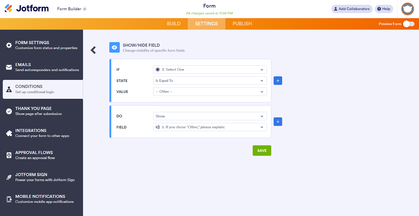 Setting Up the Show/Hide Field Properties from the Conditions Tab in Jotform Form Builder
