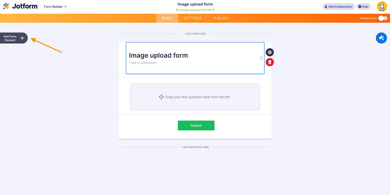 Image Upload Form in Jotform Form Builder Clicking on "Add Form Element"