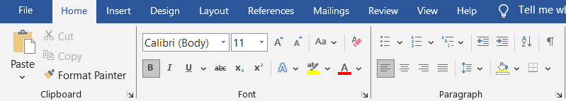 Toolbar at the top of the document on Microsoft Word
