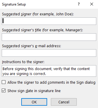 Signature Setup Window on Microsoft Word