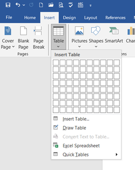 Insert Tab on Microsoft Word clicking on Table