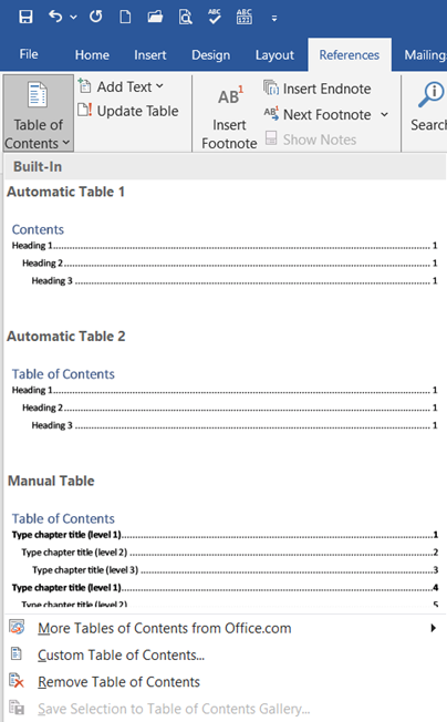 Clicking on "Table of contents" under the References Tab