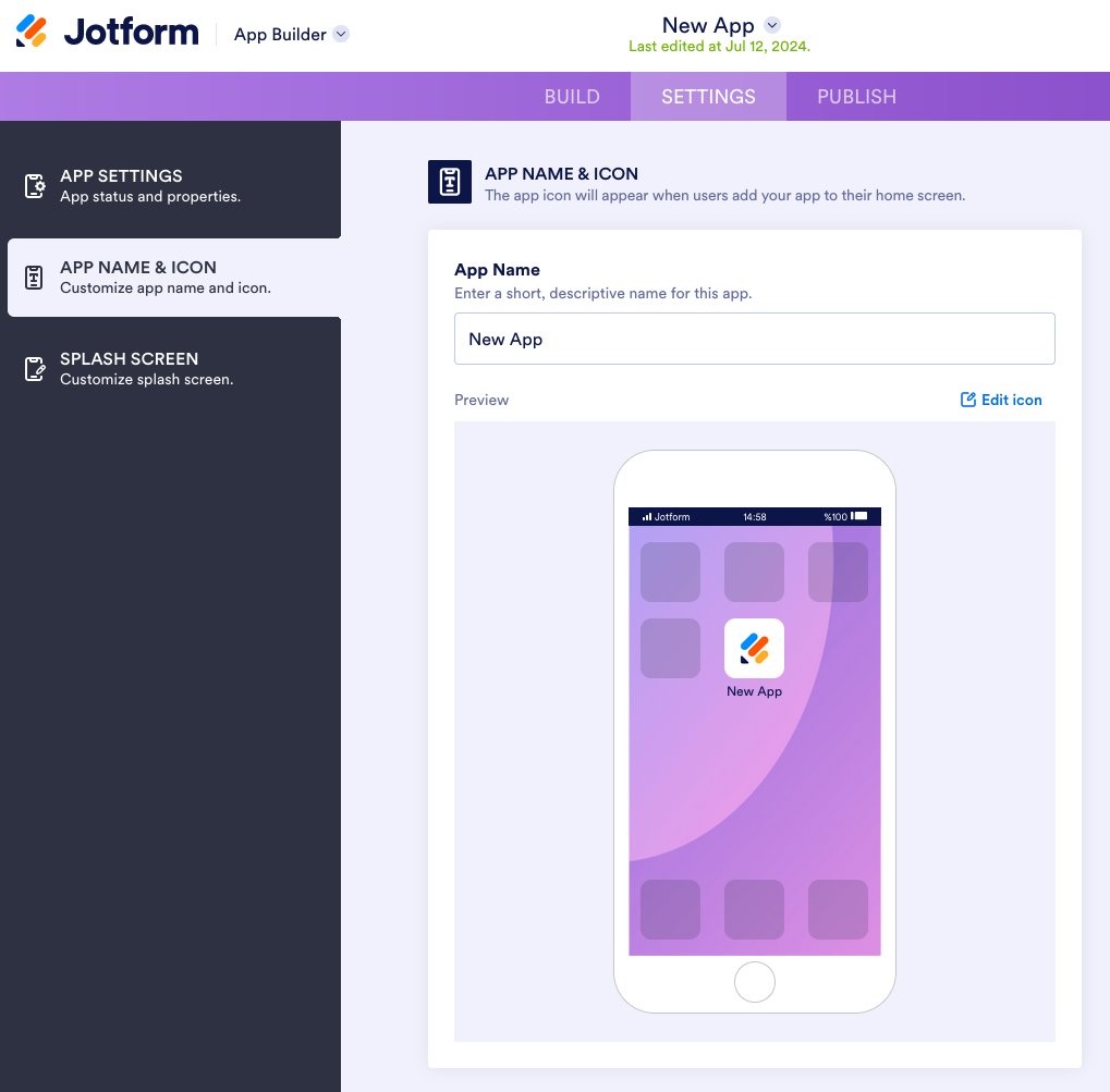 Viewing App Name & Icon Under the Settings Tab in Jotform App BUilder