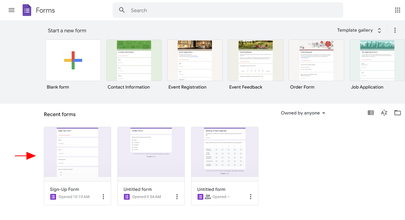 Screenshot of the Google Forms home page with an arrow pointing to a form labeled "Sign-Up Form"