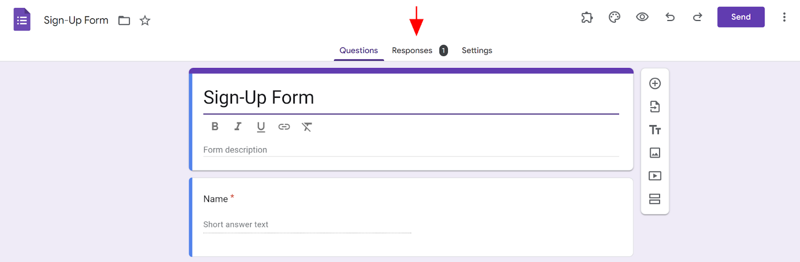 Screenshot of a Google Forms form with an arrow pointing to the "Responses" tab at the top menu